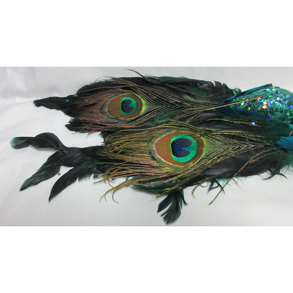 Teal Blue Glitter Sequins Peacock REAL Feather Tail Ornament Decor Holiday - Picture 4 of 6